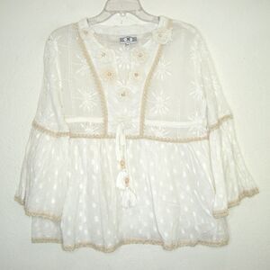 NJ COUTURE PARIS Embroidered Eyelet Boho Coastal Bell Sleeve Blouse Size M/L